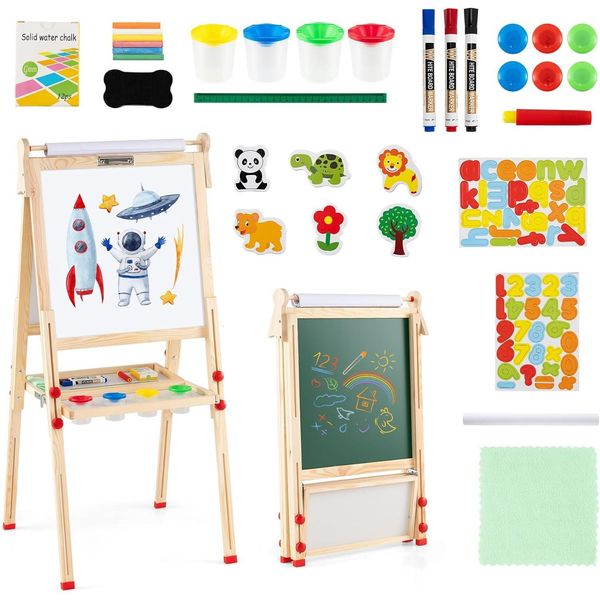 Costway Lavagna Per Bambini In Legno 3 In 1, Cavalletto Per Bambini Regolabile In Altezza Con Lavagna Bianca E Gesso E Carta Da Disegno, Lavagna Magnetica Con Ripiano E Accessori-image