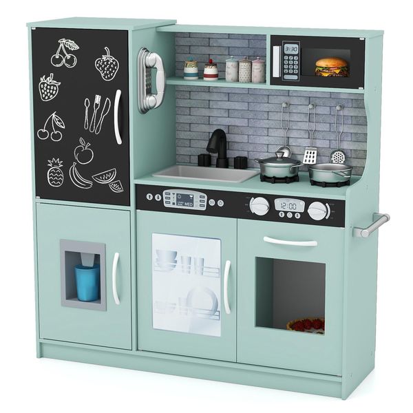 Cucina Per Bambini Costway, Cucina Da Gioco In Legno Con Accessori, Lavagna, Microonde, Gelatiera, Lavastoviglie E Forno, Cucina In Legno Per Bambini A Partire Da 3 Anni (Verde)-image