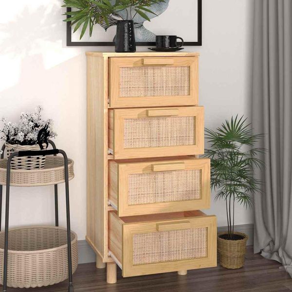 Vidaxl Credenza Marrone 40X30X90 Cm In Pino Massiccio E Rattan Naturale-image