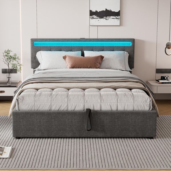 Letto Imbottito Abrihome 160X200Cm Con Contenitore E Rete A Doghe, Letto Matrimoniale In Lino Con Usb E Luce Ambientale A Led, Grigio-image