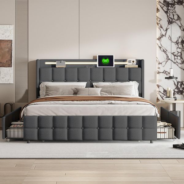 Letto Imbottito Cdglobal Con Funzione Di Ricarica Usb E Testata A Led E 4 Cassetti, Letto Matrimoniale 160X200Cm Letto Contenitore Letto Giovanile, Rete A Doghe In Legno, (160X200Cm, Grigio)-image
