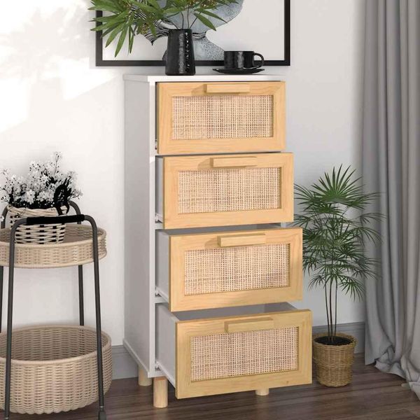 Vidaxl Credenza Bianca 40X30X90 Cm In Pino Massiccio E Rattan Naturale-image