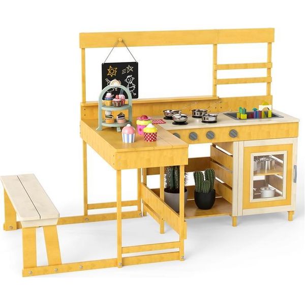 Costway Cucina Di Fango, Cucina Per Bambini, Cucina Da Gioco Con Tavolo Da Picnic, Panca, Accessori Per Dolci, Utensili Da Cucina E Tavolo, Cucina All'aperto In Legno D'abete Per Bambini 3+-image