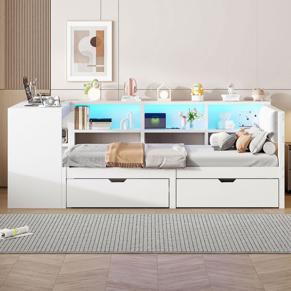 Letto Contenitore Abrihome Per Bambini 90X200Cm Con Scrivania, Libreria E Cassetti, Letto In Legno Con Rete A Doghe, Bianco-image