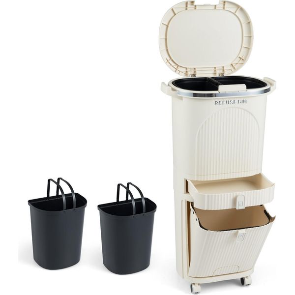 Costway Cestino Per Rifiuti Da Cucina, Sistema Di Separazione Dei Rifiuti A 3 Scomparti, Cestino Per Rifiuti Con Ruote, Cassetto, Coperchio, Pedale E Gancio, Cestino Per Rifiuti A Pedale, Bagno, Beige-image