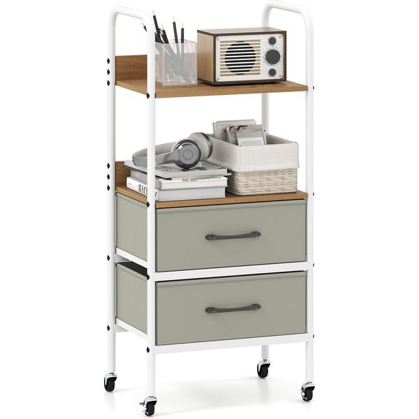 Carrello Costway Con 2 Cassetti E Ripiani In Tessuto, Piedistallo Mobile Con 4 Ruote E Struttura In Metallo, Carrello A Cassetti Stretti, Carrello Di Servizio, 30X43,5X96 Cm-image