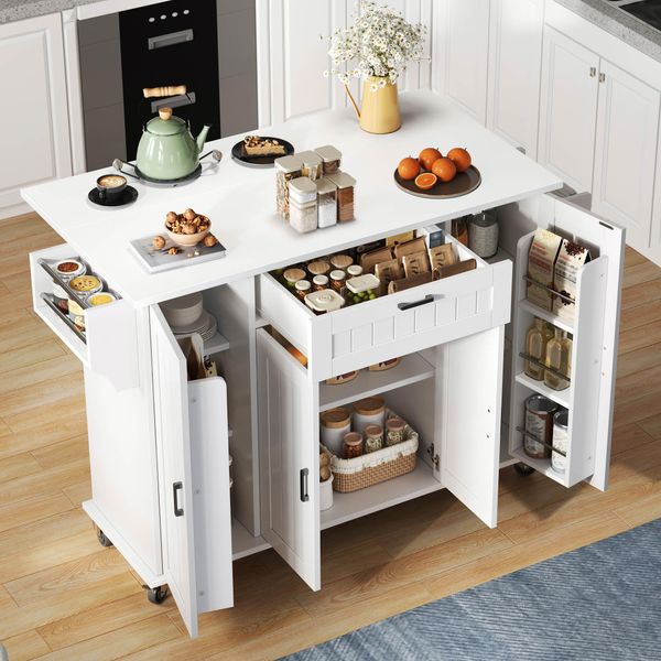Carrello Da Portata Flieks Carrello Da Cucina Con Piano Di Lavoro Pieghevole, Carrello Da Cucina Con Portaspezie E Portasciugamani, 120X45-70X95 Cm, Bianco-image