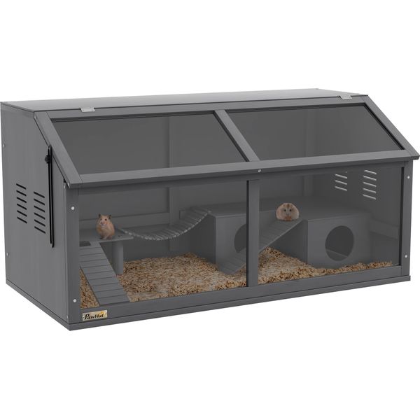 Gabbia Per Criceti In Legno Pawhut, Casa Per Roditori Da 100 Cm, Casetta Per Animali, Casetta Da Gioco Con Ponte Sospeso, Scalette, Tetto Apribile, Capanna, Grigio Scuro-image