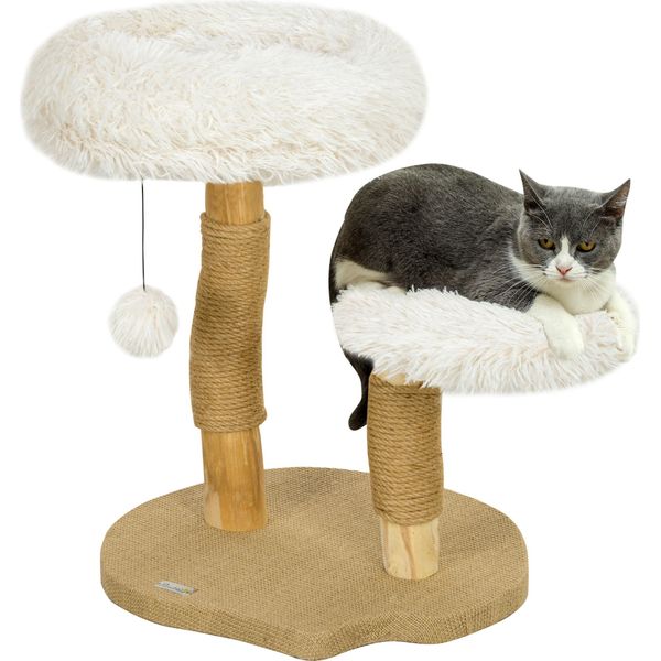 Pawhut Tiragraffi Alto 61,5 Cm Tiragraffi Per Gatti Con Palla Da Gioco, Letti, Torre Per Gatti Con Tiragraffi, Per Gatti Sotto I 5 Kg, In Legno Di Pero, Bianco-image