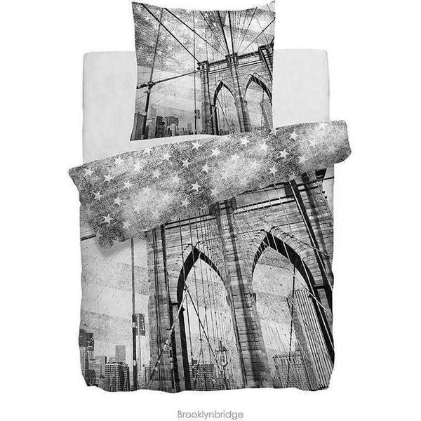 Hnl Renforcé Biancheria Da Letto Reversibile Brooklyn Bridge Black White 135X200 + 80X80 Cm-image