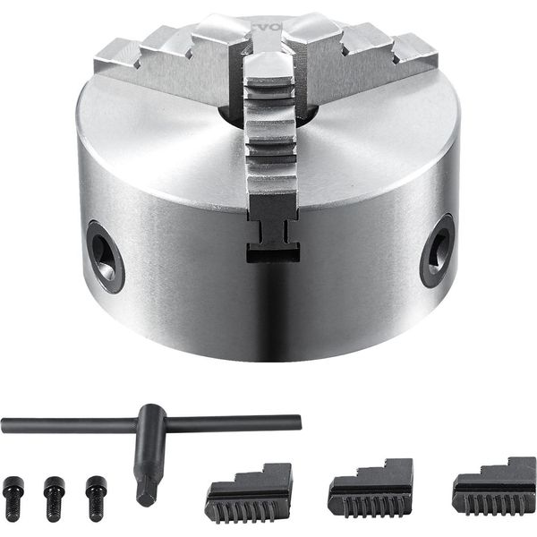 Mandrino Per Tornio Vevor K11-100 Mandrino A Tre Griffe Da 100 Mm Materiale HT300 Mandrino A 3 Griffe Gamma Di Serraggio 2-100 Mm A 3 Griffe, 20Cr, ≥53HRC φ22Mm Foro Mandrino Per Tornio Autocentrante-image