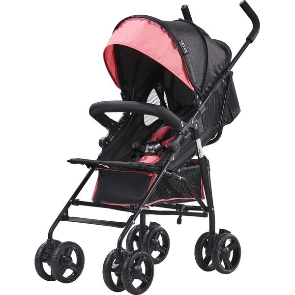 Vevor Passeggino Leggero, Compatto, Facile Da Piegare, Con Schienale Regolabile, Telaio Acciaio Al Carbonio, Ampio Cestino Portaoggetti, Passeggino Con Ombrellonero/Rosa-image