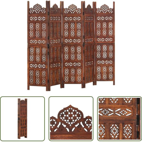 The Living Store Divisorio 5 Pezzi Intagliato A Mano In Legno Di Mango Marrone 200×165 Cm-image