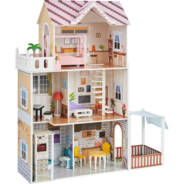 Vevor Casa Delle Bambole In Legno, Set Da Gioco Per Bambini, Villa Da Sogno Fai Da Te Con 3 Livelli, 7 Aree Di Gioco E 15 Accessori D'arredo, Ideale Per Bambole Da 30 Cm, Regalo Per Bambini A Partire Dai 3 Anni Di Età-image