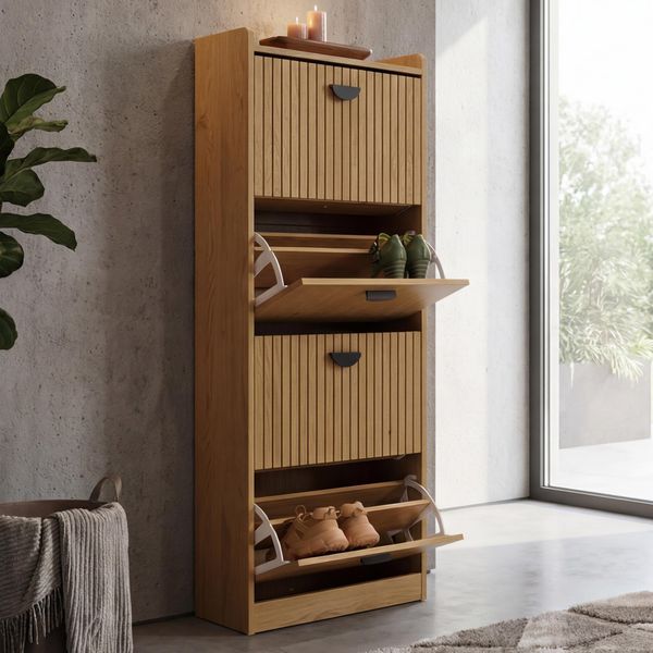 Scarpiera HWC-O39, Scarpiera Ribaltabile 4 Scomparti Ribaltabili Mdf Melamina Metallo 148X50X24Cm ~ Natura-image