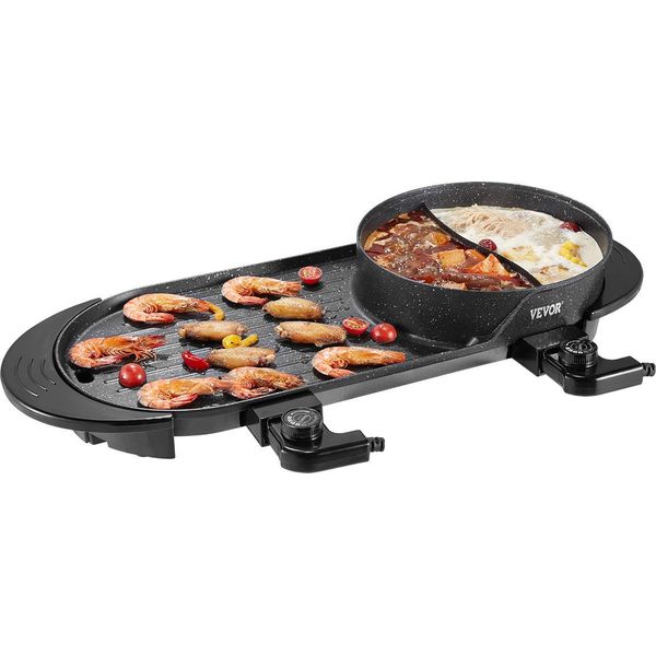 Vevor Hot Pot Con Grill, 2200 W 2 In 1 Griglia Elettrica Senza Fumo E Pentola Calda, Pentola Coreana Bbq Shabu Con Doppio Controllo Della Temperatura Separato E Padelle Antiaderenti-image