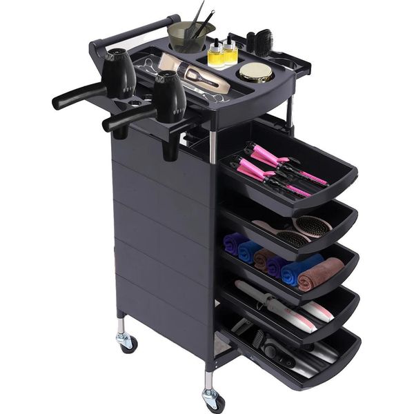 Carrello Per Attrezzi Di Bellezza, 6 Livelli, 5 Cassetti, 4 Ruote Piroettanti, Capacità Di Carico 30 Kg, Acciaio Inox + Abs-image