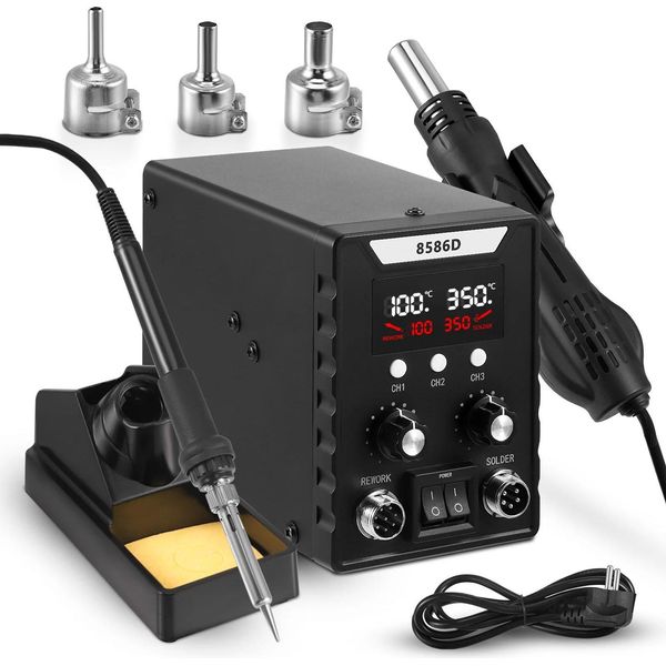 Stazione Di Saldatura Ad Aria Calda E Stazione Di Rilavorazione - Smd 700 W - Temperatura Regolabile - Portata D'aria Regolabile - 3 Ugelli - Ce - 220 V Ue - Nero-image