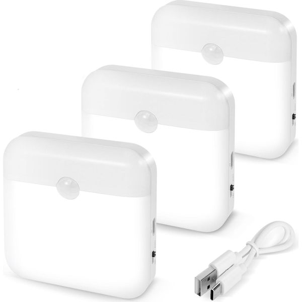 3 Pezzi Luce Notturna A Led Bianco Freddo Ricaricabile Con Rilevatore Di Movimento E Sensore Crepuscolare Per Scale, Camera Da Letto, Corridoio-image