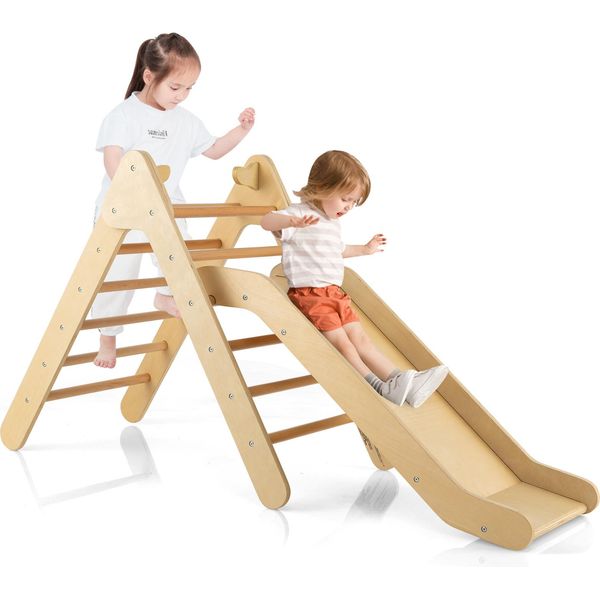 Costway Triangolo Di Arrampicata Con Scivolo, Struttura Di Arrampicata In Legno, Triangolo A Pioli Per Scivolare E Arrampicarsi, Per Bambini Da 1 Anno (Natura)-image