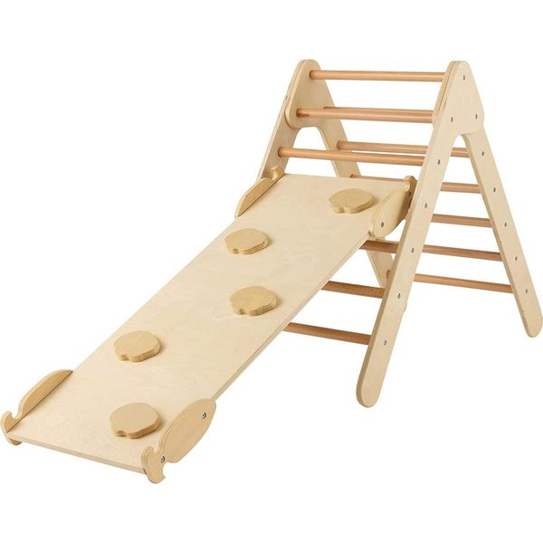 Triangolo Di Arrampicata Costway Con Rampa, Struttura Di Arrampicata In Legno, Triangolo A Pioli Per Arrampicarsi E Scivolare, Per Bambini Da 1 Anno (Natura)-image