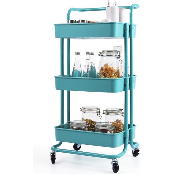 Costway Carrello Portavivande Su Rotelle, Carrello Da Cucina Con Struttura In Metallo, Carrello Con 3 Ripiani, Carrello Multiuso, Carrello Da Bagno, Blu-image