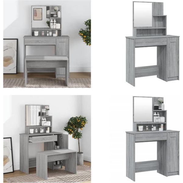 Vidaxl Tavolino Da Toilette Con Specchio Grey Sonoma 86,5X35X136 Cm - Tavolino Da Toilette - Tavolino Da Trucco - Tavolino Per Cosmetici - Tavolino Da Toilette-image