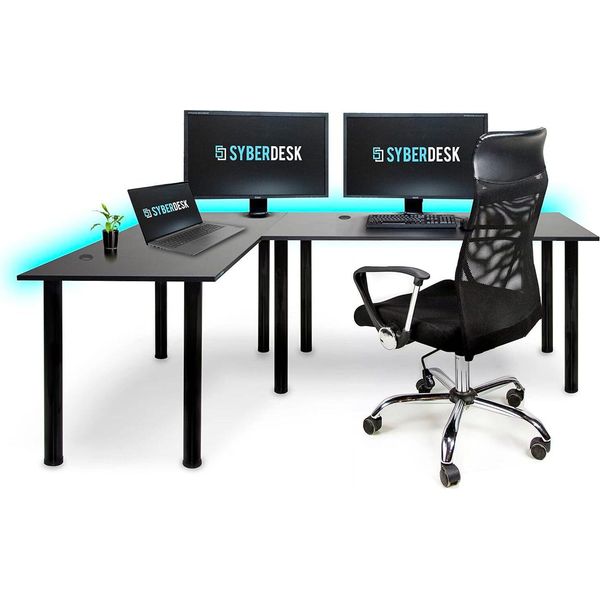 Syberdesk Gaming Pro Led Scrivania Angolare 197 X 132 Cm Con Led Grande Scrivania Per Computer, Scrivania Da Gioco, Hub Usb, (Sinistra, Nero)-image