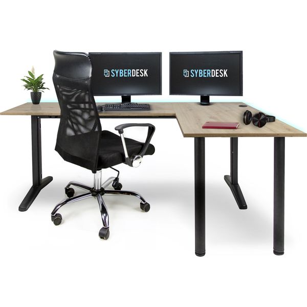 Syberdesk Scrivania Angolare Da Gioco V2 Led, 197 X 132 Cm, Scrivania Da Gioco Rgb A Forma Di L, USB-HUB, Gestione Dei Cavi, Rovere Artisan, (Stile Rovere Destro)-image