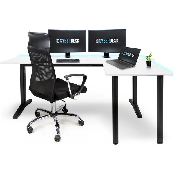 Syberdesk Scrivania Angolare Da Gioco V2 Led, 197 X 132 Cm, Scrivania Da Gioco Rgb A Forma Di L, USB-HUB, Gestione Dei Cavi, Scrivania Per Computer A Forma Di L, (Destra, Bianco)-image