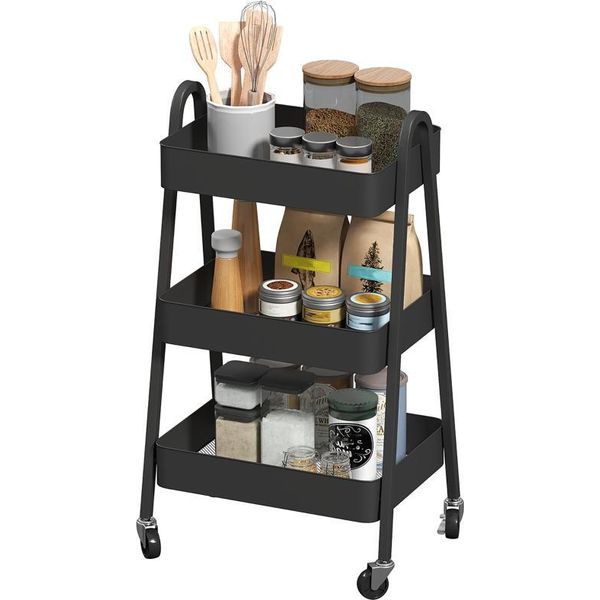 Carrello Di Servizio Fortuna Lai A 3 Ripiani Carrello Da Cucina Con Rotelle Maniglia Carrello Con Freno Scaffale Da Cucina Carrello Da Cucina Carrello Multiuso Per Cucina, Ufficio, Bagno, Nero-image