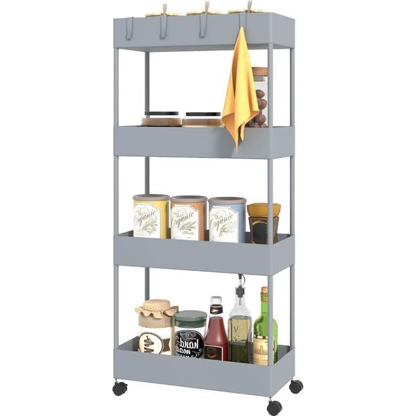 Carrello Fortuna Lai, Scaffale Da Cucina A 4 Ripiani, Scaffale Contenitore Con Rotelle, Carrello Da Cucina Con Freni, Carrello Di Servizio Per Cucina, Camera Da Letto, Soggiorno, Plastica, Grigio, 40 X 19 X 90 Cm-image