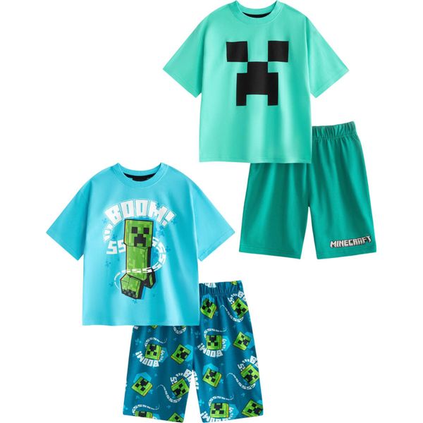 Minecraft - Pigiama Con Pantaloncini Per Bambino, Maniche Corte (Confezione Da 2) NS9303 (128) (Azzurro/Verde)-image