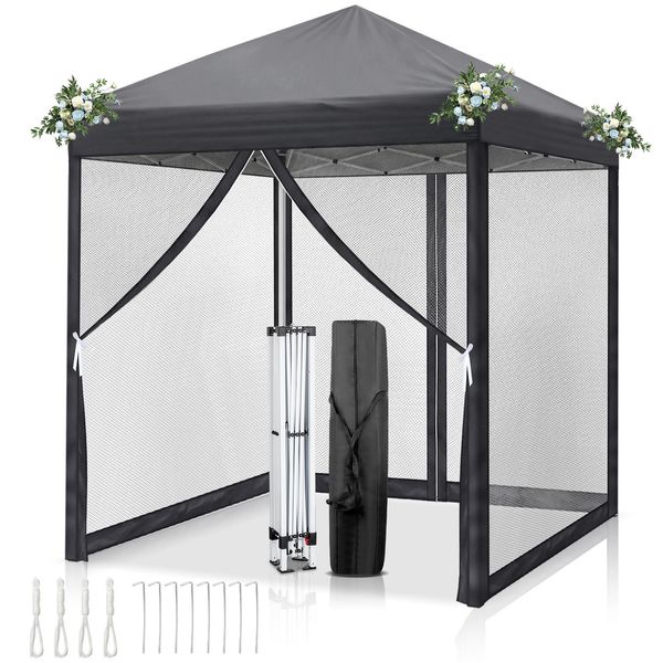 Gazebo Pieghevole Fch 2X2M, Gazebo Pop-Up Con 4 Pareti Laterali, Impermeabile, Protezione Uv, Gazebo Da Giardino, Grigio-image
