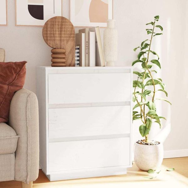 The Living Store Credenza Bianca 60X34X75 Cm In Legno Di Pino Massiccio-image
