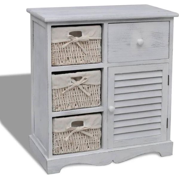 The Living Store Armadio In Legno Con 3 Cestini In Vimini Bianco-image