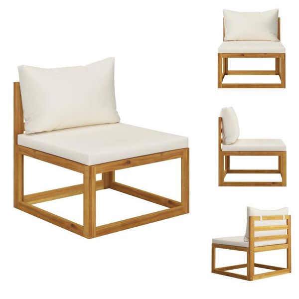 Vidaxl Divano Centrale Modulare Con Cuscini Bianco Crema In Legno Massiccio Di Acacia - Elementi Per Divani Da Giardino-image