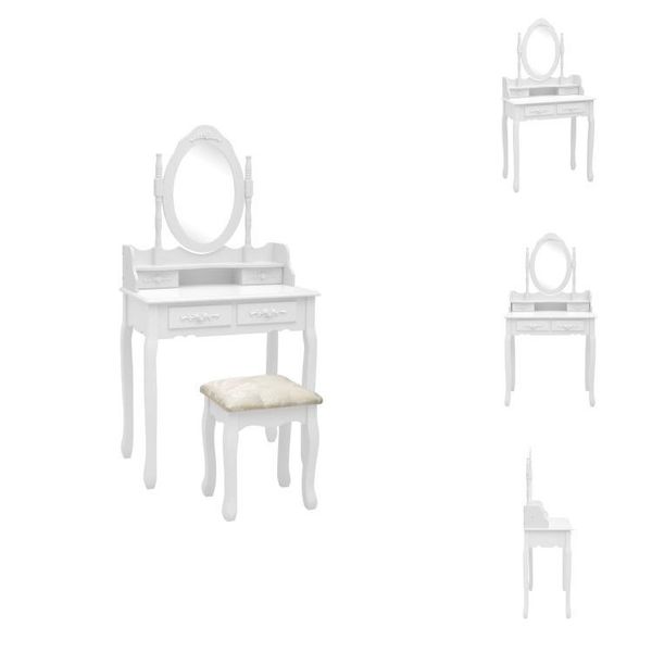 Vidaxl Set Tavolino Da Toilette Con Sgabello Bianco 75X69X140Cm In Legno Di Paulownia - Tavolini Da Toilette-image