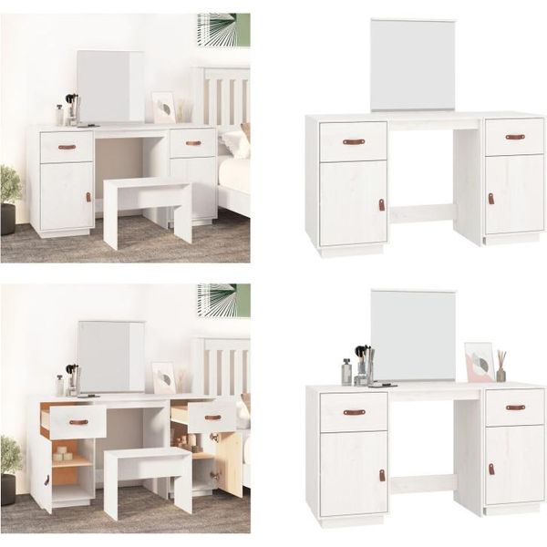 Vidaxl Tavolino Da Toilette Con Specchio In Pino Massiccio Bianco - Tavolino Da Toilette - Tavolino Da Trucco - Tavolino Per Cosmetici - Tavolino Da Toilette-image