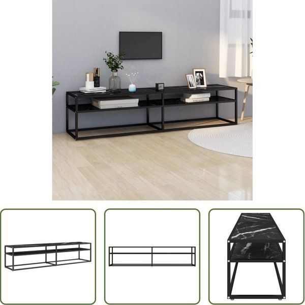 The Living Store Mobile Tv Nero Effetto Marmo 180X40X40,5 Cm Vetro Temperato-image