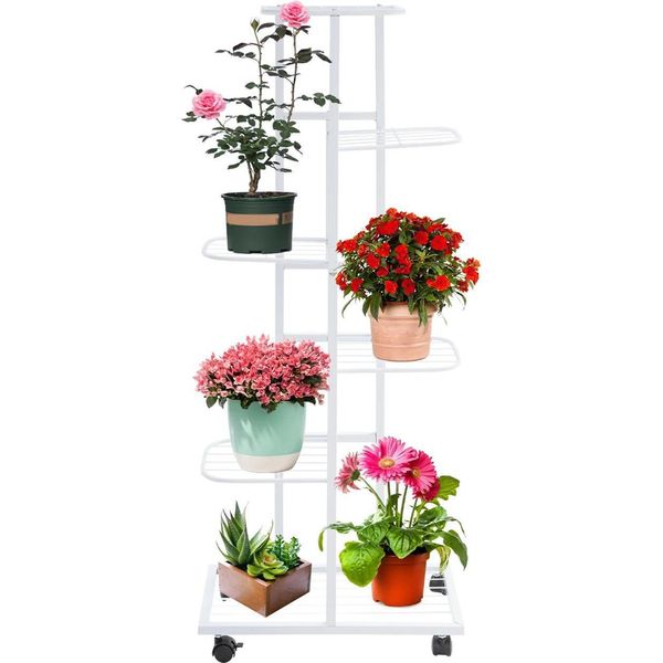 Scaffale Per Piante - Scaffale Per Fiori A 6 Ripiani - 4 Rotelle Con Freno - Ferro - Portata Per Ripiano 2,5-5 Kg - 42×22×112 Cm - Interno/Esterno - Bianco-image