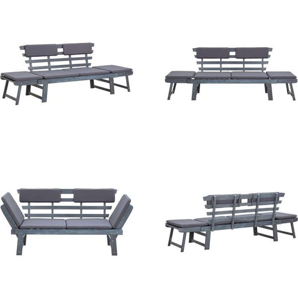 Vidaxl Panca Da Giardino Con Cuscini 2 In 1 190 Cm Grigio In Legno Massiccio Di Acacia - Panca Da Giardino - Panche Da Giardino - Panche Da Giardino In Legno - Panche Da Giardino In Legno-image