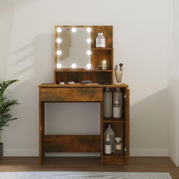 The Living Store Comodino Con Led In Rovere Fumé 86,5X35X136 Cm-image