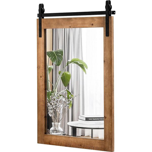 Costway Specchio Rettangolare Con Cornice In Legno, 76,5 X 56 Cm, Specchio Rustico Da Parete, Specchio Infrangibile Da Appendere Con Staffa In Metallo, Per Corridoio, Soggiorno, Camera Da Letto (Marrone)-image