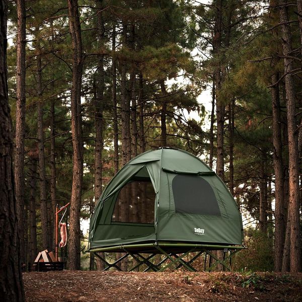 Sobuy OGS32-II-L-GR Lettino Da Campeggio Con Tenda 2 Persone 4In1 Su Trampoli Con Borsa Avvolgibile Lettino Da Campeggio Impermeabile Senza Materasso Tenda Da Pesca Verde Fino A 180Kg-image