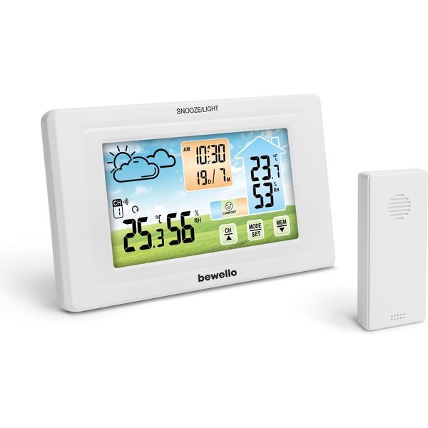 Bewello - Stazione Meteorologica Digitale Con Schermo - Funzione Sveglia E Orologio - Con Unità Interna Ed Esterna - Tramite Batteria O Usb-image