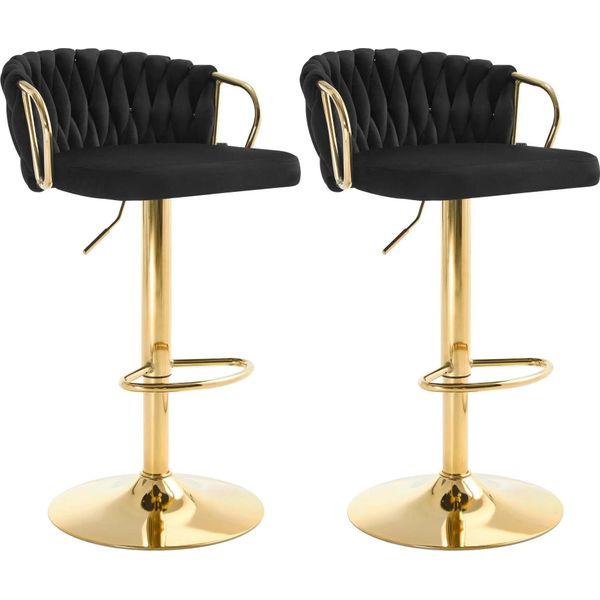 Set Di 2 Sgabelli Da Bar In Velluto - Altezza Regolabile - Girevole A 360° - Schienale Intrecciato - Poggiapiedi In Metallo - Senza Braccioli - Nero-image