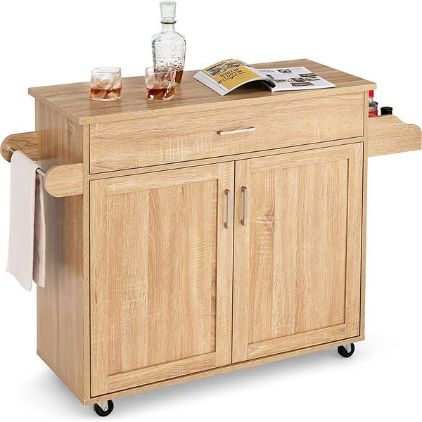 Carrello Da Cucina KC51983NA, Con Portasciugamani, Portaspezie, Cassetto E Ripiano Regolabile In Altezza, Avvolgibile, Naturale-image