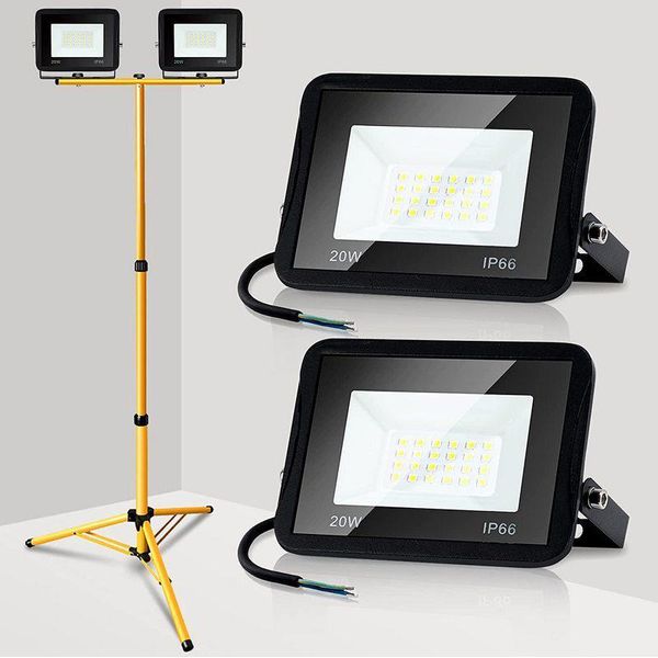 Yakimz Proiettore A Led Con Treppiede Faretto Da Costruzione Faretto IP66 Proiettore Luci Da Lavoro Per Giardino Cortile Cortile 2X20W Bianco Freddo-image