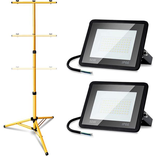 Jiubiaz Led Proiettore Con Treppiede Faretto Da Costruzione Proiettore IP66 Luci Da Lavoro Per Giardino Cortile Cortile 2X50W Bianco Freddo-image